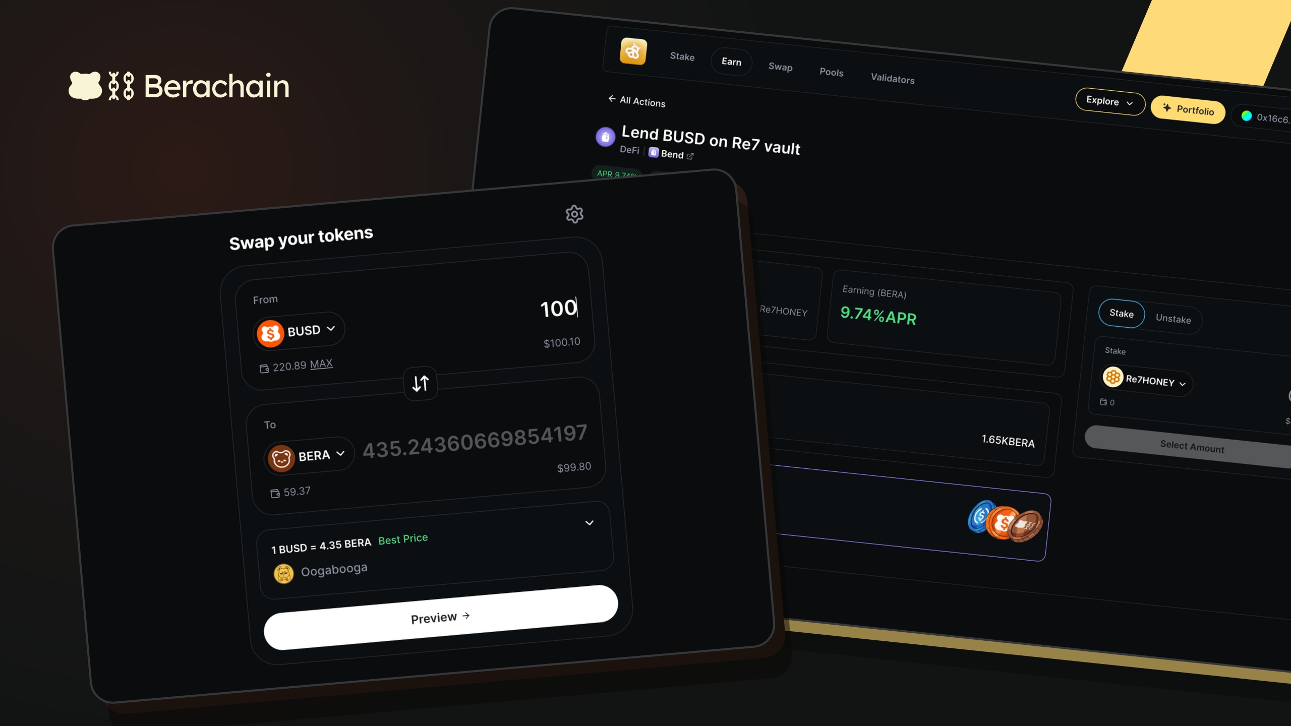 BEX swap and Earn interfaces on BeraHub