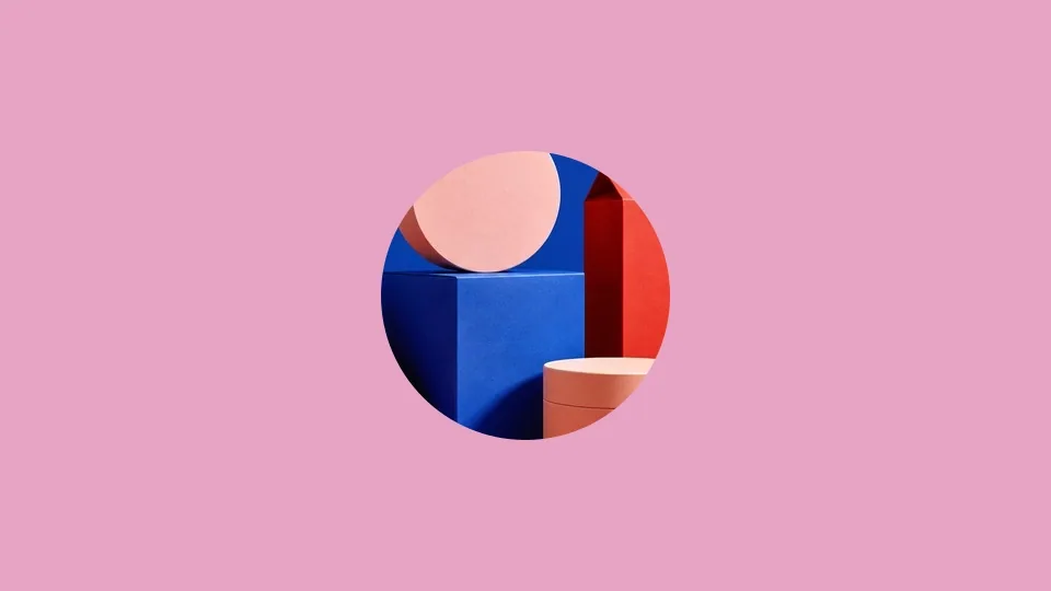 Brand Society artwork with colorful geometric forms on a pink background
